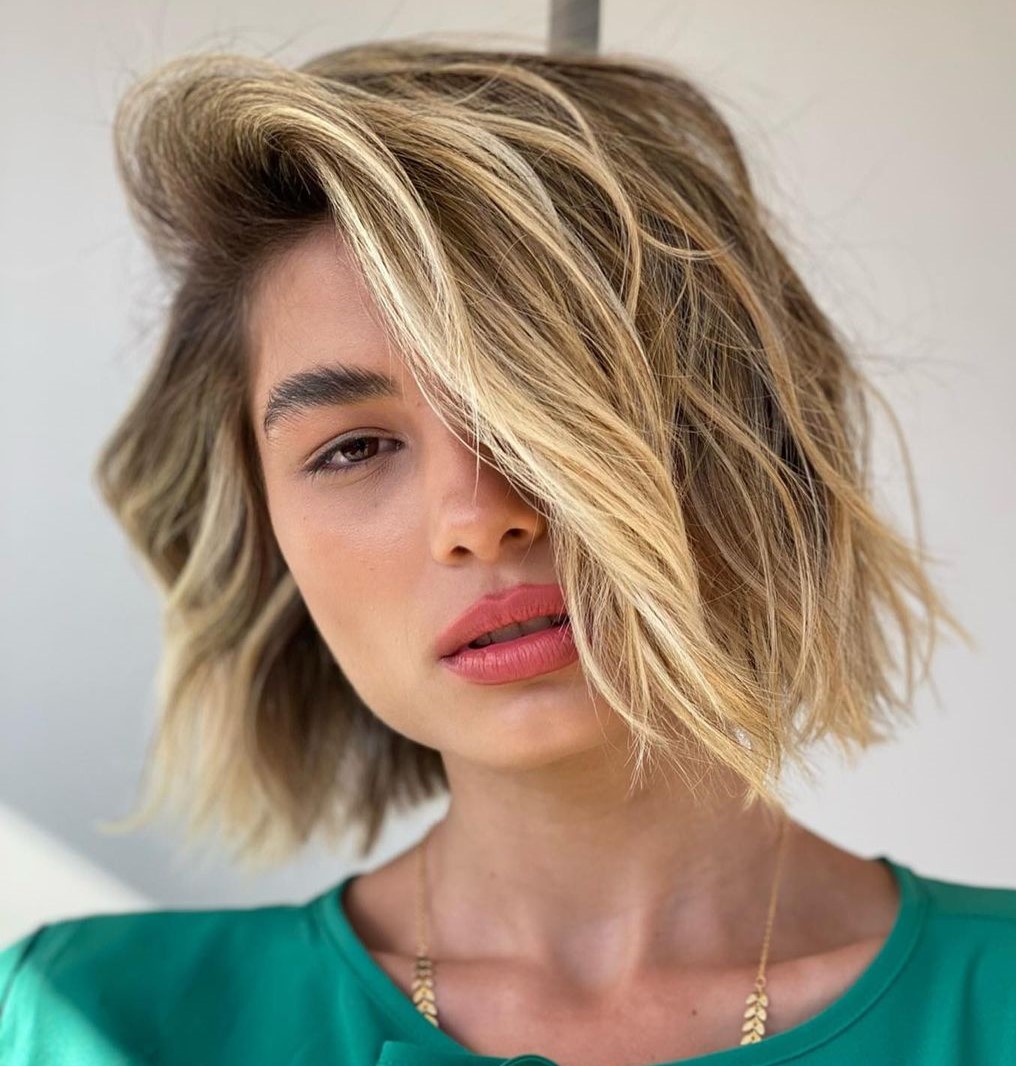 Textured Sandy Blonde Comb-Over Bob